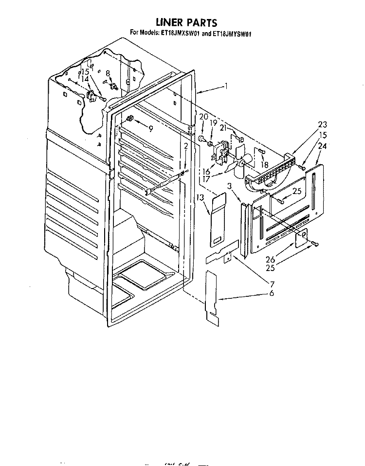 LINER Diagram and Parts List for ET18JMXSW01  Whirlpool Refrigerator