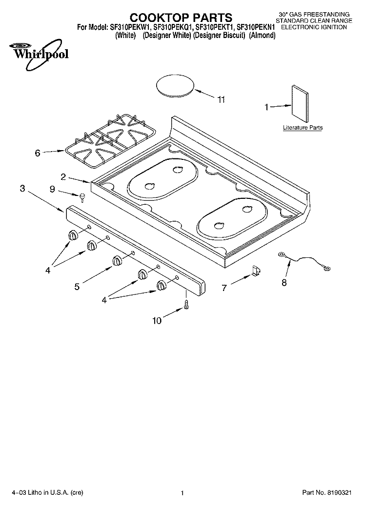 COOKTOP PARTS Diagram and Parts List for SF310PEKN1  Whirlpool Range