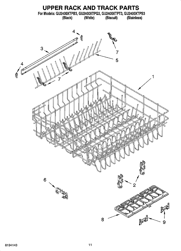 UPPER RACK AND TRACK PARTS Diagram and Parts List for GU2400XTPB3  Whirlpool Dishwasher