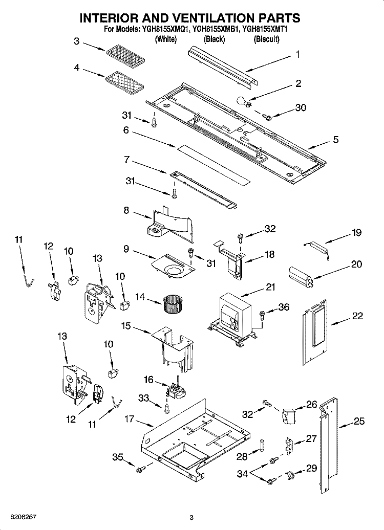 INTERIOR AND VENTILATION PARTS Diagram and Parts List for YGH8155XMT1  Whirlpool Microwave