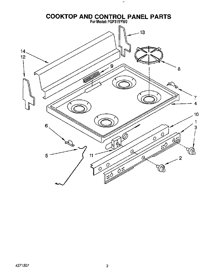 COOKTOP AND CONTROL PANEL, LIT/OPTI Diagram and Parts List for FGP315YL0  Roper Range