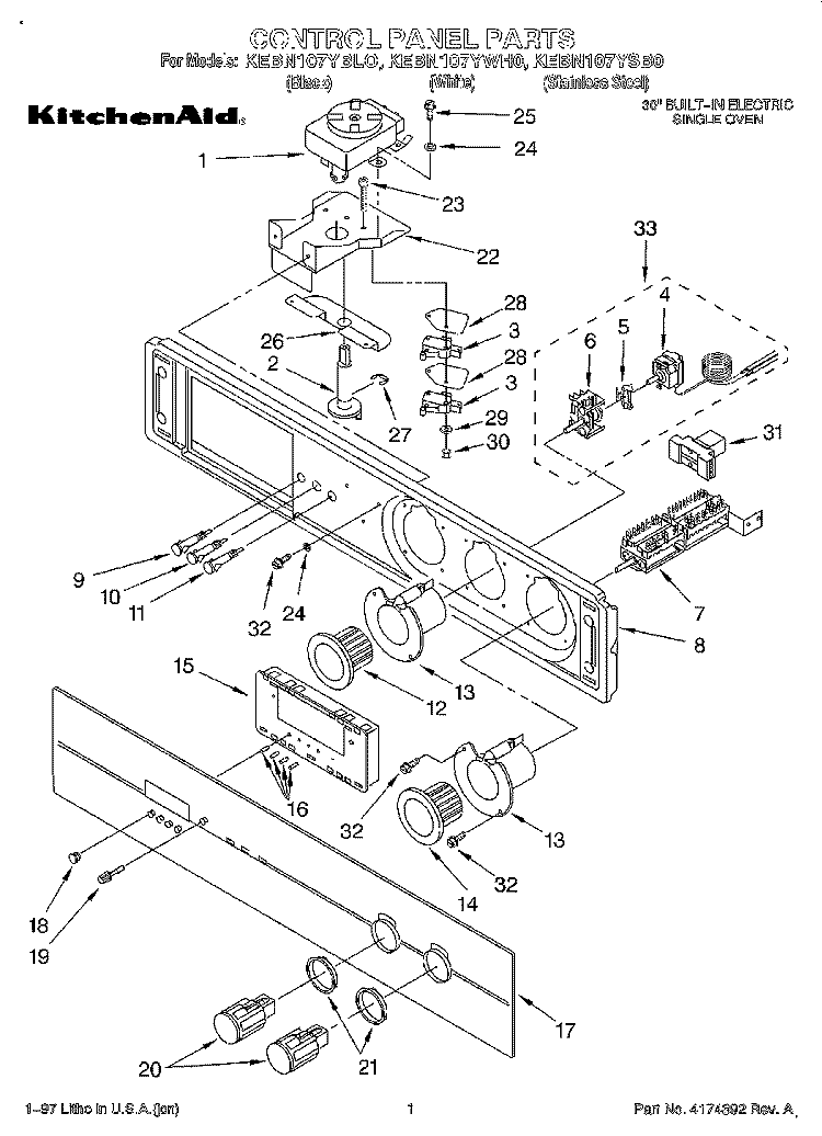 CONTROL PANEL, LITERATURE Diagram and Parts List for KEBN107YWH0  KitchenAid Wall Oven