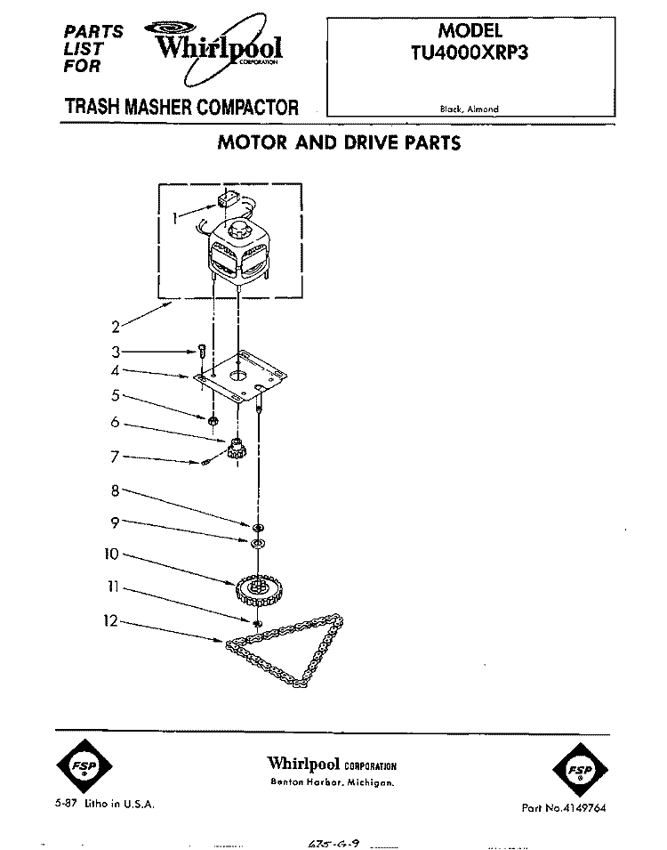 MOTOR AND DRIVE , LIT/OPTIONAL Diagram and Parts List for TU4000XRP3  Whirlpool Trash Compactor