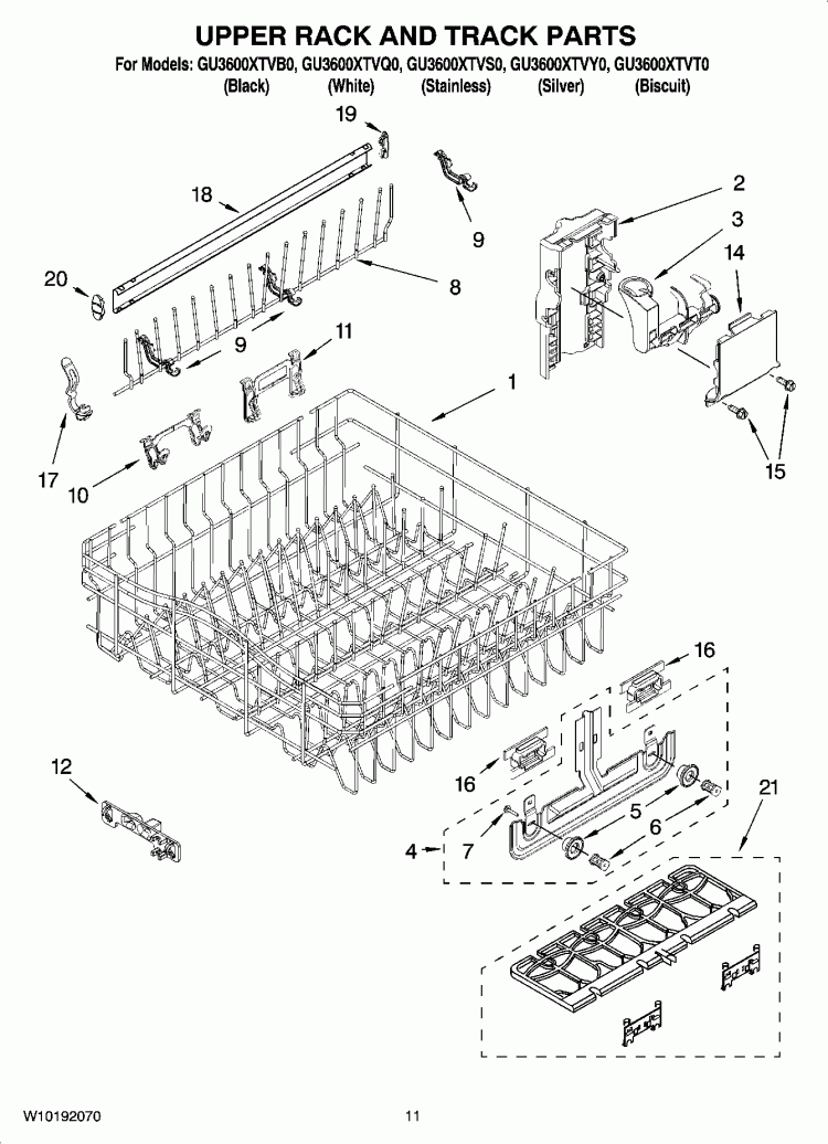 UPPER RACK AND TRACK PARTS Diagram and Parts List for GU3600XTVS0  Whirlpool Dishwasher