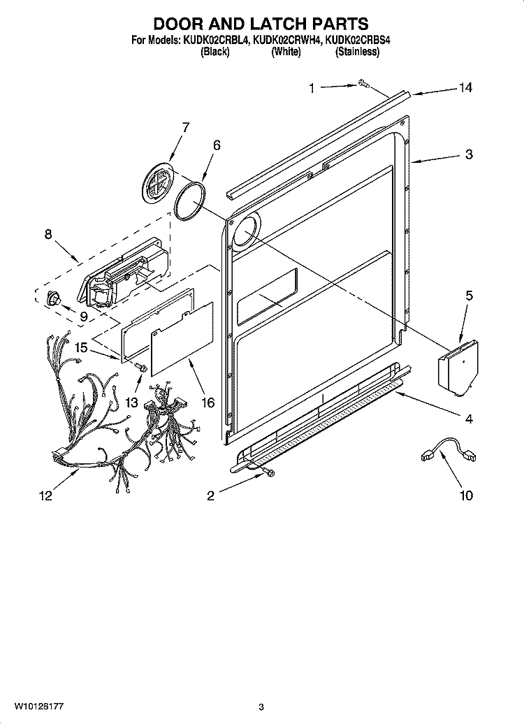 DOOR AND LATCH PARTS Diagram and Parts List for KUDK02CRBL4  KitchenAid Dishwasher