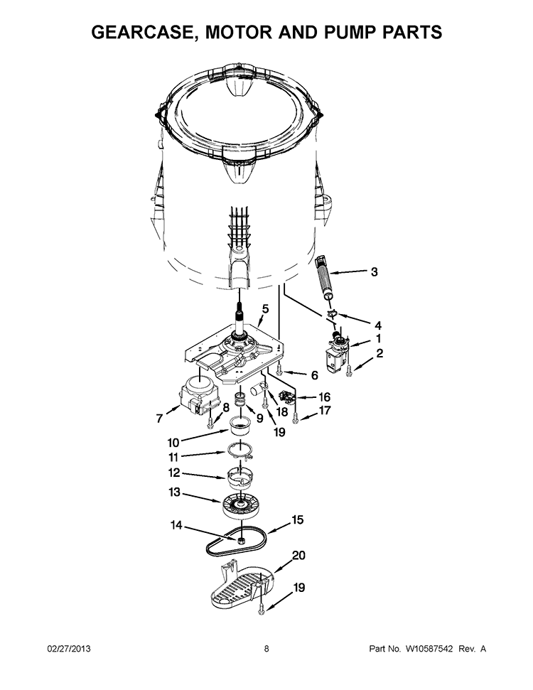 GEARCASE, MOTOR AND PUMP PARTS Diagram and Parts List for 7MWTW5622BW0  Whirlpool Washer