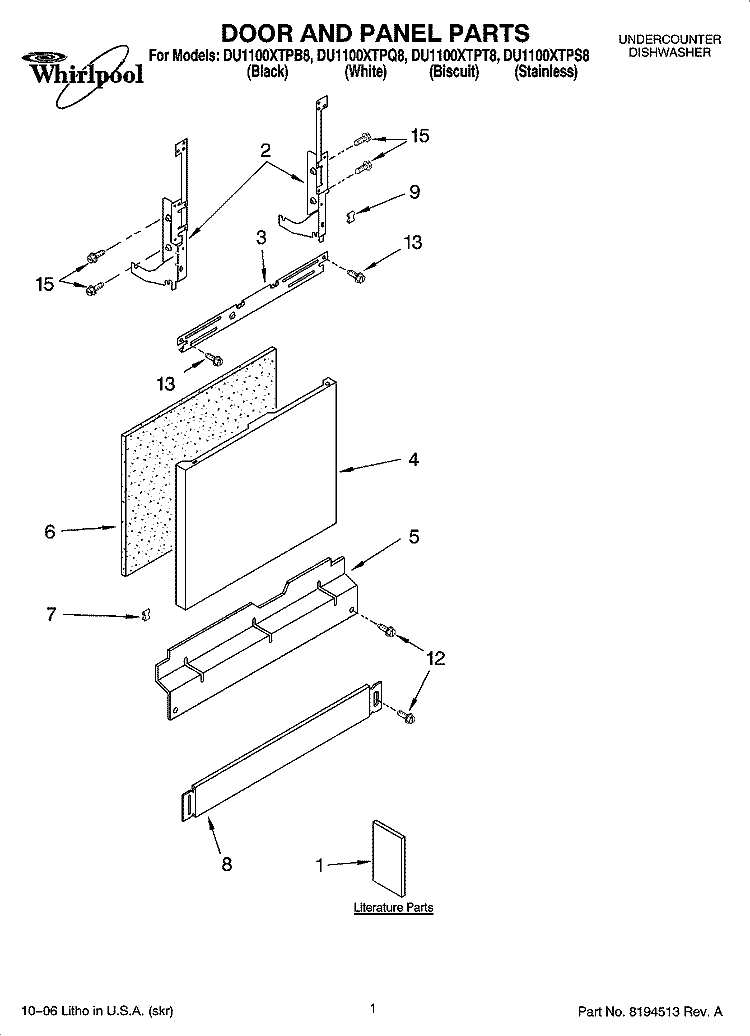 DOOR AND PANEL PARTS Diagram and Parts List for DU1100XTPB8  Whirlpool Dishwasher