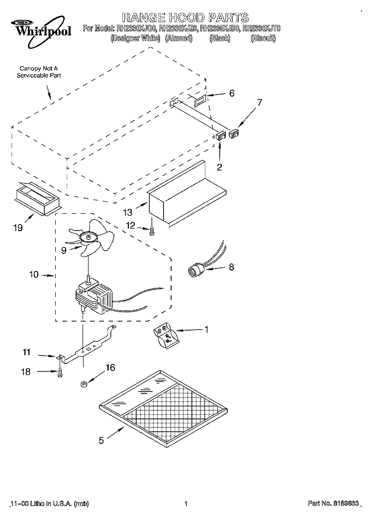 SECTION Diagram and Parts List for RH2330XJZ0  Whirlpool Range Hood