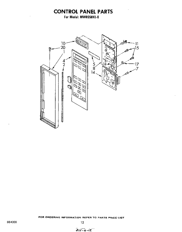 CONTROL PANEL Diagram and Parts List for MW8550XL0  Whirlpool Microwave