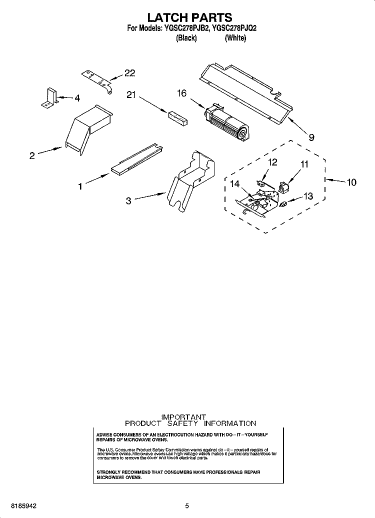 LATCH PARTS Diagram and Parts List for YGSC278PJQ2  Whirlpool Microwave Oven Combo
