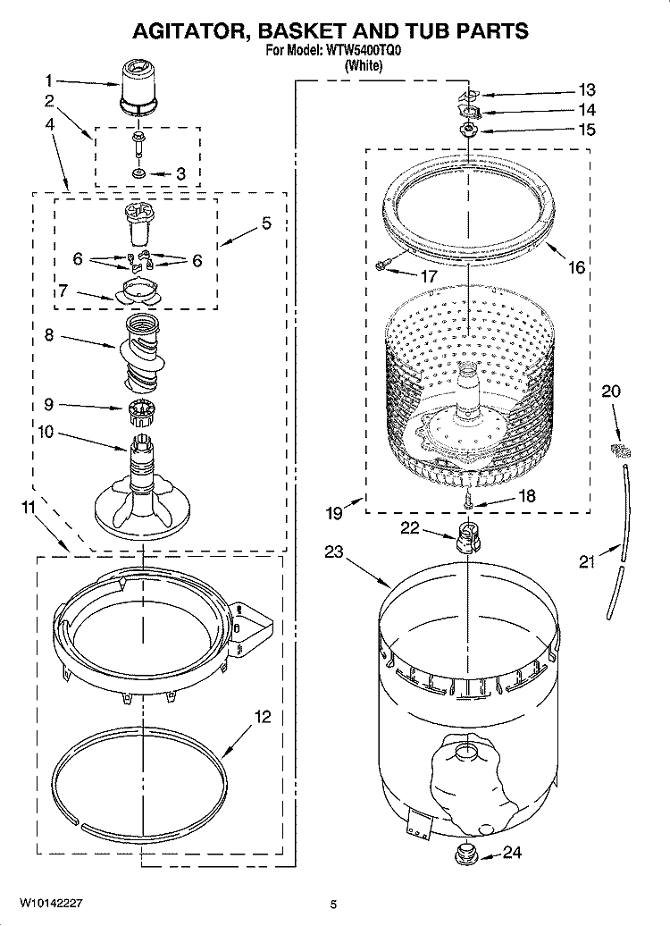 AGITATOR, BASKET AND TUB PARTS Diagram and Parts List for WTW5400TQ0  Whirlpool Washer
