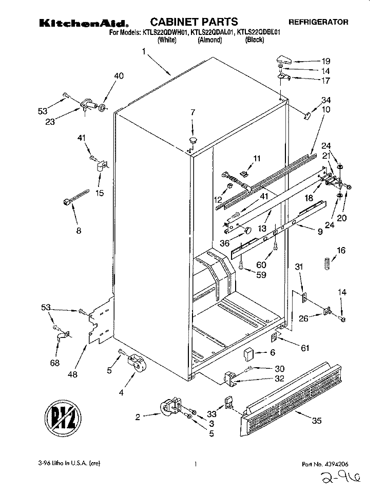 CABINET Diagram and Parts List for KTLS22QDWH01  KitchenAid Refrigerator