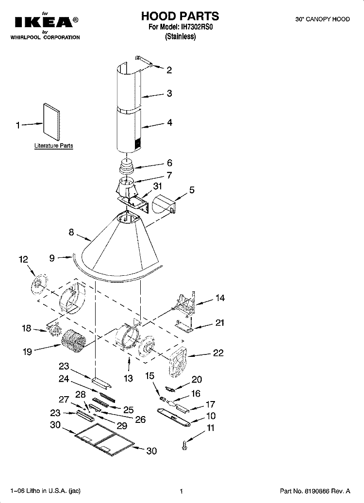 HOOD PARTS Diagram and Parts List for IH7302RS0  Whirlpool Range Hood