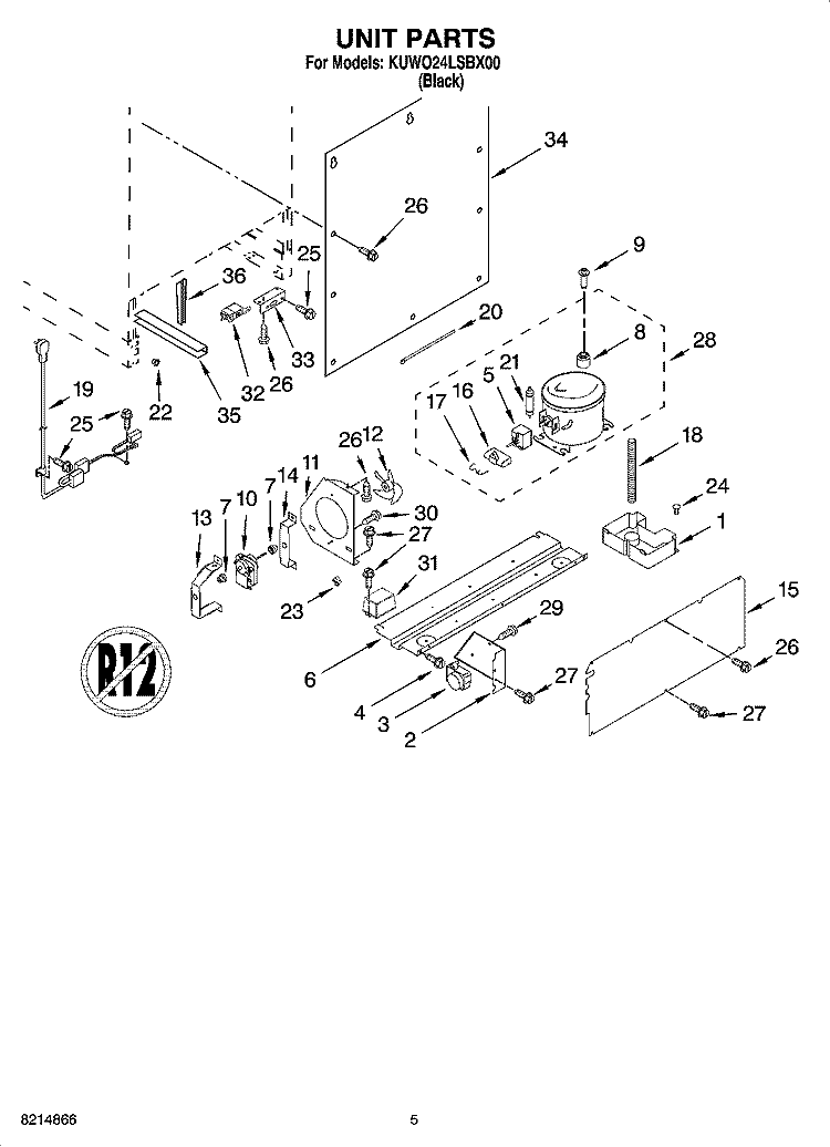 UNIT PARTS Diagram and Parts List for KUWO24LSBX00  KitchenAid Wine and Beverage Cooler
