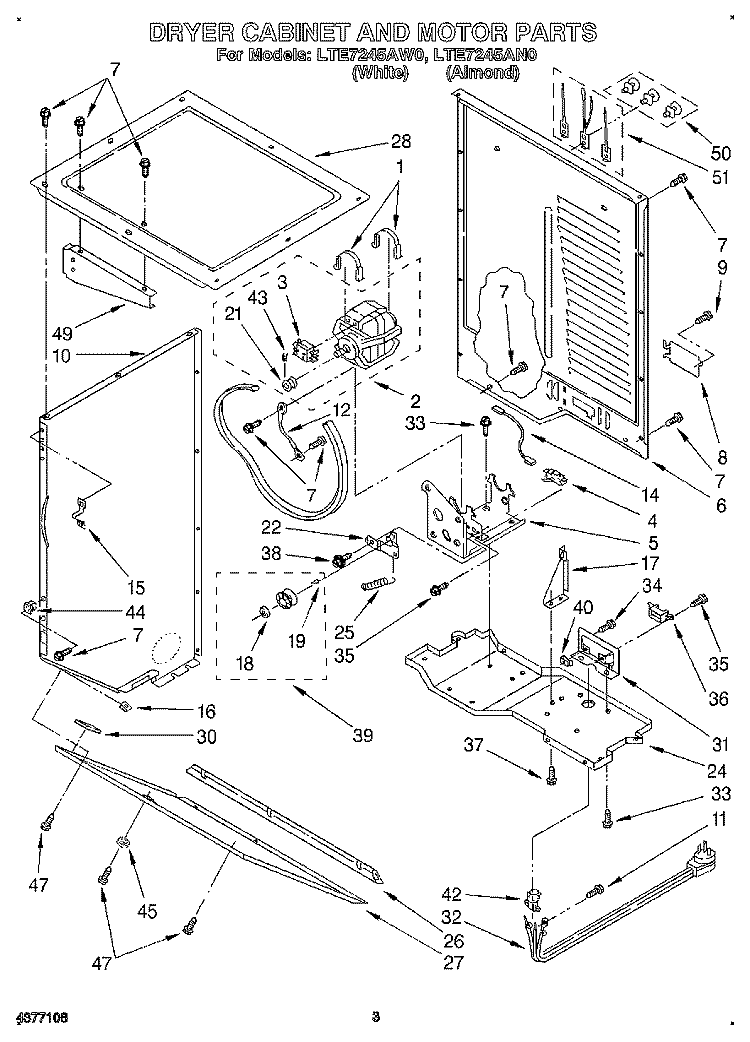 DRYER CABINET AND MOTOR Diagram and Parts List for LTE7245AN0  Whirlpool Washer Dryer Combo