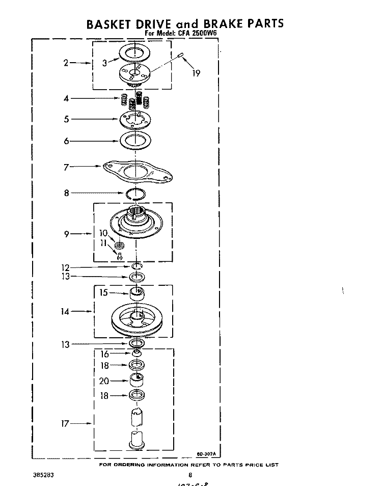BASKET DRIVE AND BRAKE Diagram and Parts List for CFA2500W6  Whirlpool Washer