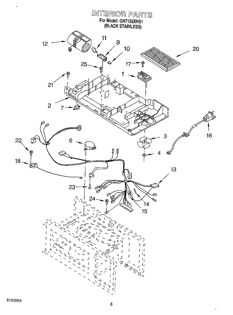 INTERIOR Diagram and Parts List for GH7155XHS1  Whirlpool Microwave