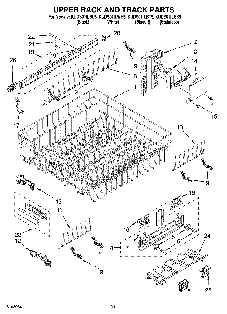 UPPER RACK AND TRACK PARTS Diagram and Parts List for KUDS01ILBT5  KitchenAid Dishwasher