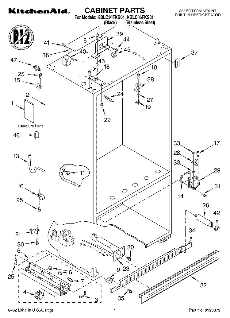 CABINET, LITERATURE Diagram and Parts List for KBLC36FKS01  KitchenAid Refrigerator