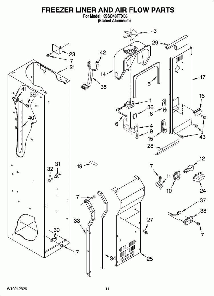 FREEZER LINER AND AIR FLOW PARTS Diagram and Parts List for KSSO48FTX03  KitchenAid Refrigerator