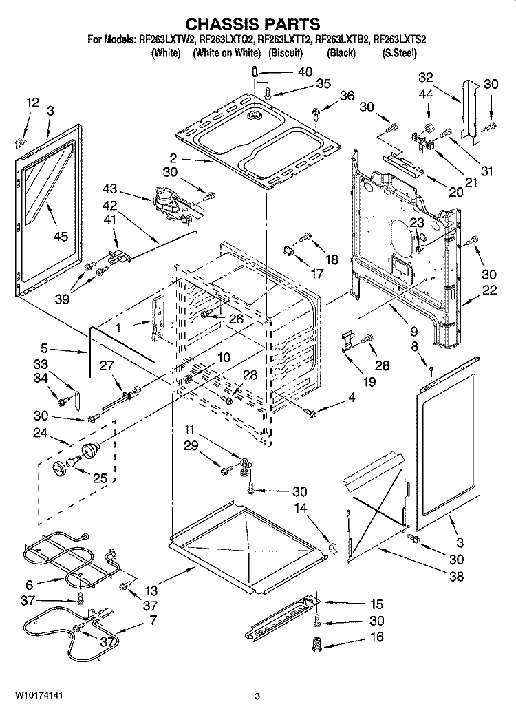 CHASSIS PARTS Diagram and Parts List for RF263LXTQ2  Whirlpool Range