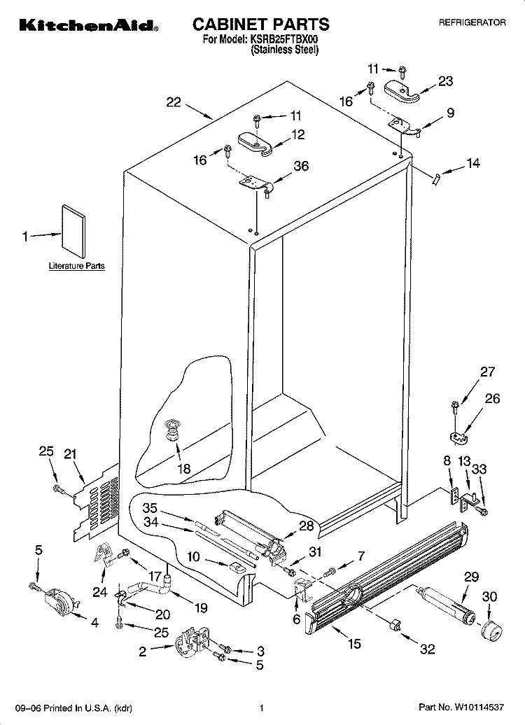 CABINET PARTS Diagram and Parts List for KSRB25FTBX00  KitchenAid Refrigerator