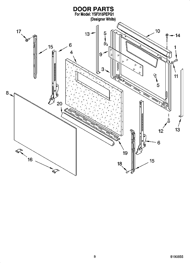 DOOR PARTS, MISCELLANEOUS PARTS Diagram and Parts List for YSF315PEPQ1  Whirlpool Range
