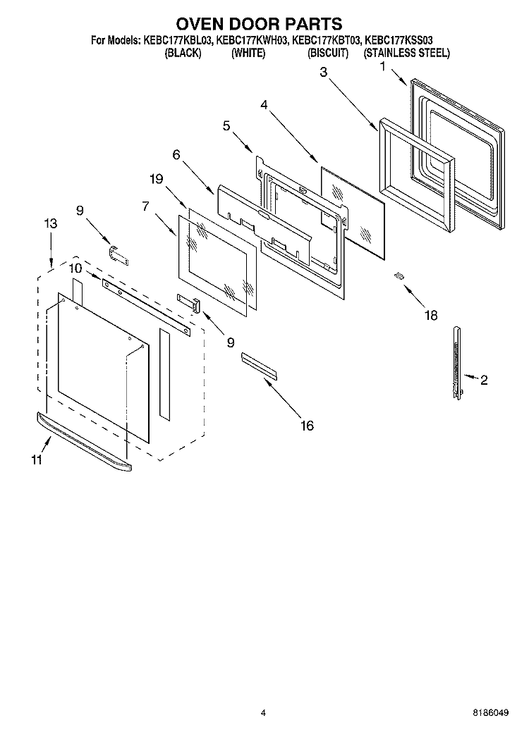 OVEN DOOR PARTS Diagram and Parts List for KEBC177KSS03  KitchenAid Wall Oven