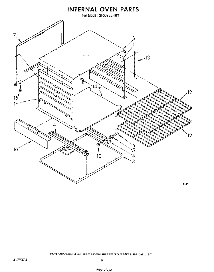 INTERNAL OVEN Diagram and Parts List for SF302EERW1  Whirlpool Range