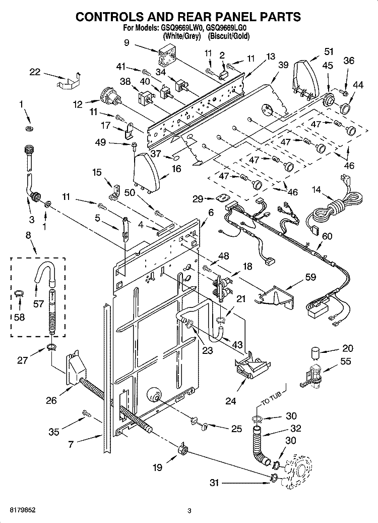 CONTROLS AND REAR PANEL PARTS Diagram and Parts List for GSQ9669LG0  Whirlpool Washer