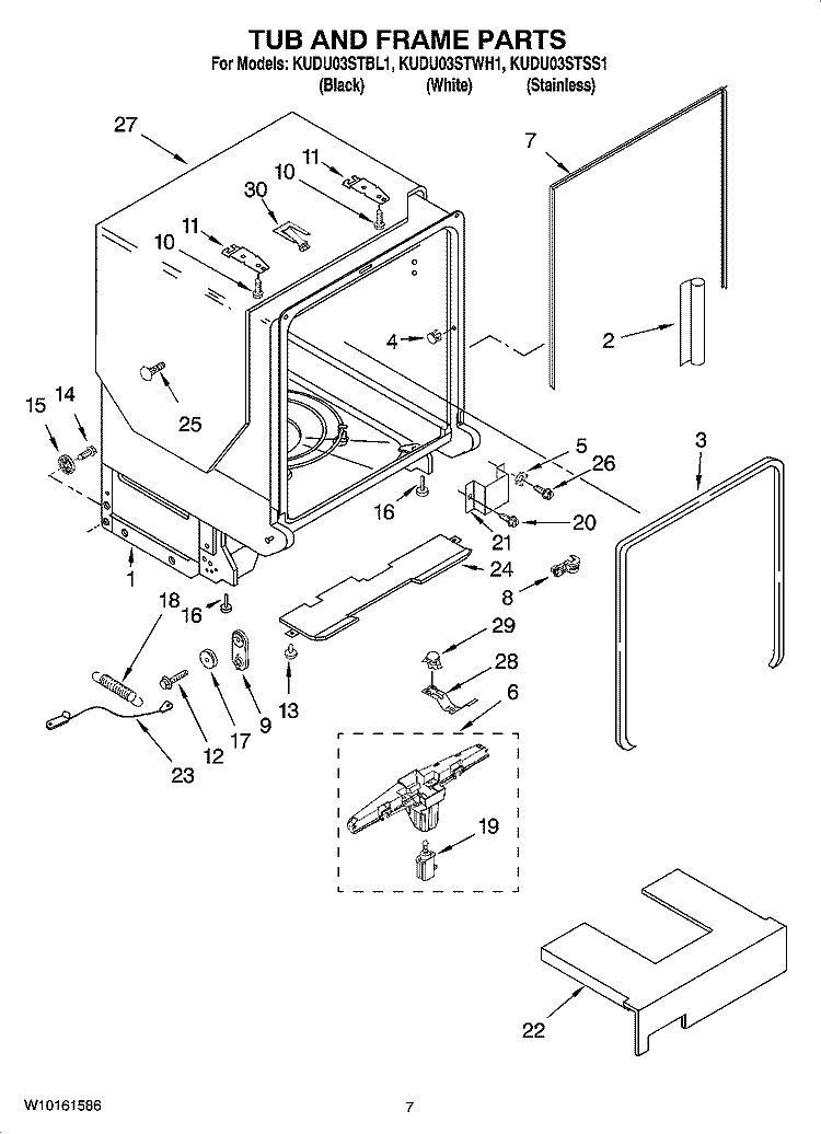 TUB AND FRAME PARTS Diagram and Parts List for KUDU03STBL1  KitchenAid Dishwasher