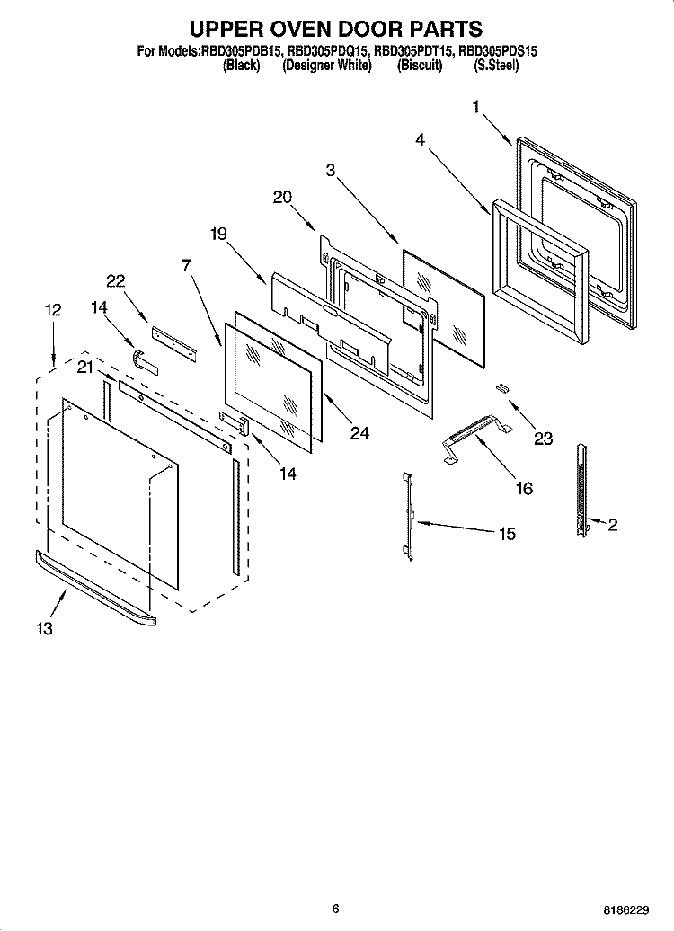 UPPER OVEN DOOR PARTS Diagram and Parts List for RBD305PDS15  Whirlpool Wall Oven