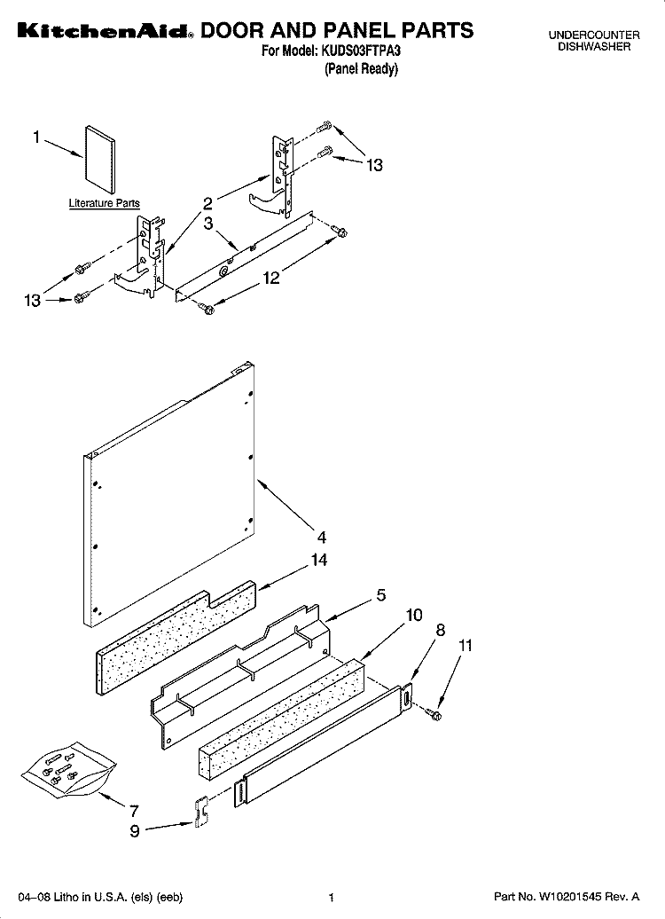 DOOR AND PANEL PARTS Diagram and Parts List for KUDS03FTPA3  KitchenAid Dishwasher