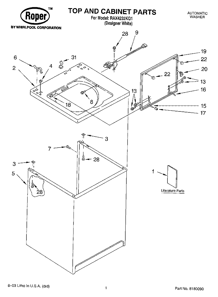 TOP AND CABINET PARTS Diagram and Parts List for RAX4232KQ1  Roper Washer