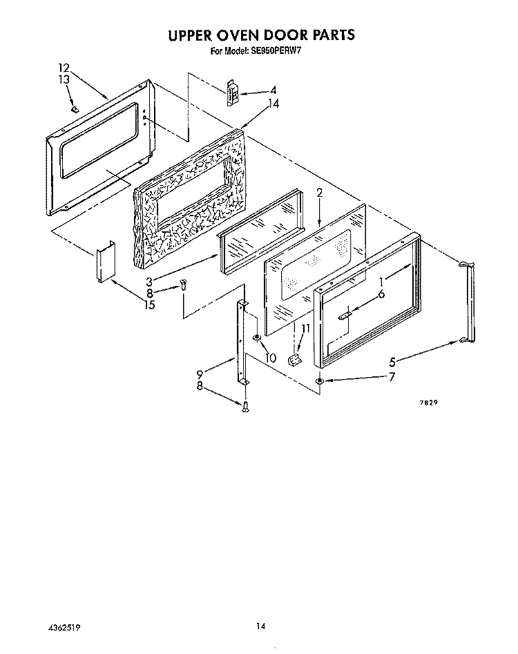 UPPER OVEN DOOR Diagram and Parts List for SE950PERW7  Whirlpool Range