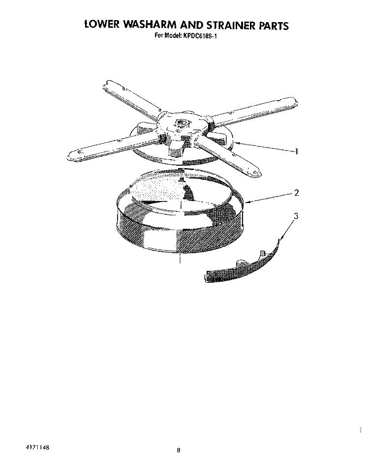 LOWER WASHARM AND STRAINER Diagram and Parts List for KPDC610S1  KitchenAid Dishwasher