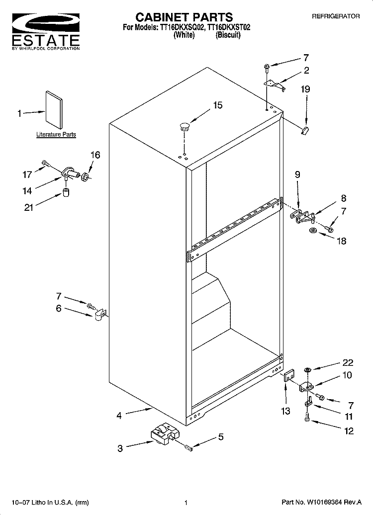 CABINET PARTS Diagram and Parts List for TT16DKXSQ02  Estate Refrigerator