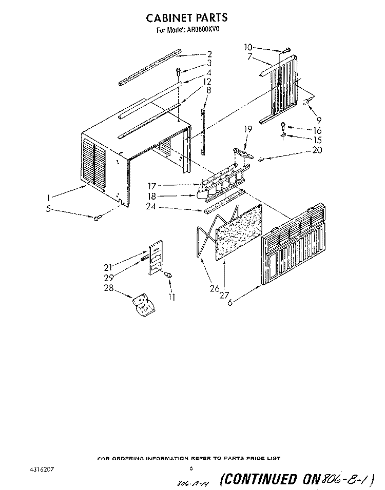 CABINET Diagram and Parts List for AR0600XV0  Whirlpool Air Conditioner