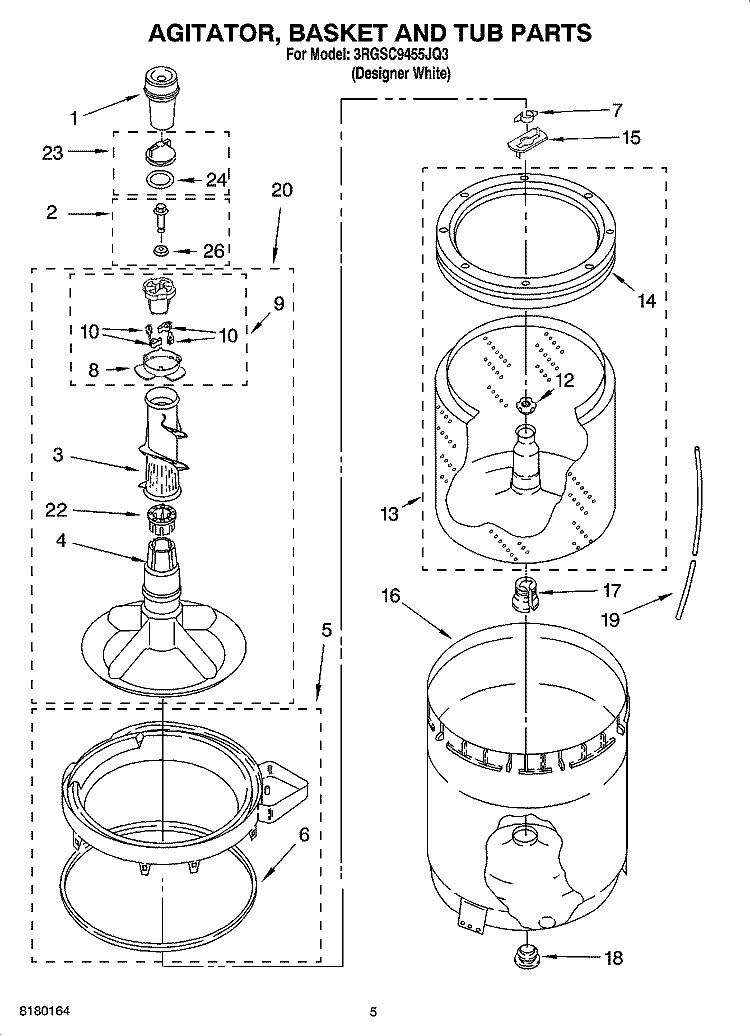 AGITATOR, BASKET AND TUB PARTS Diagram and Parts List for 3RGSC9455JQ3  Whirlpool Washer
