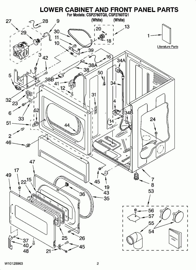 LOWER CABINET AND FRONT PANEL PARTS Diagram and Parts List for CSP2760TQ1  Whirlpool Dryer