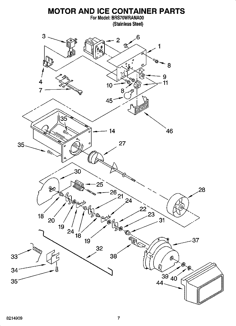 MOTOR AND ICE CONTAINER PARTS Diagram and Parts List for BRS70WRANA00  Whirlpool Refrigerator