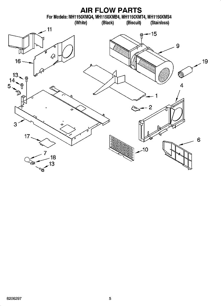 AIR FLOW PARTS Diagram and Parts List for MH1150XMQ4  Whirlpool Microwave