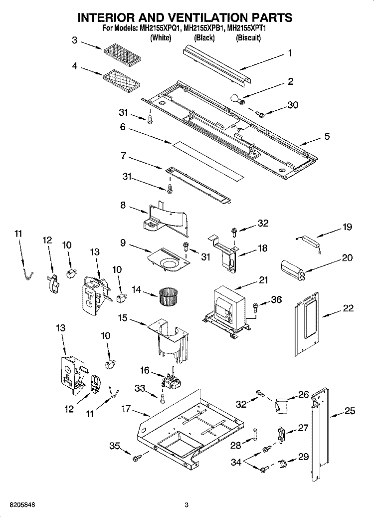 INTERIOR AND VENTILATION PARTS Diagram and Parts List for MH2155XPT1  Whirlpool Microwave