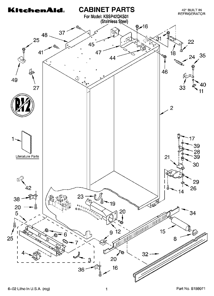 CABINET, LITERATURE Diagram and Parts List for KSSP42QKS01  KitchenAid Refrigerator