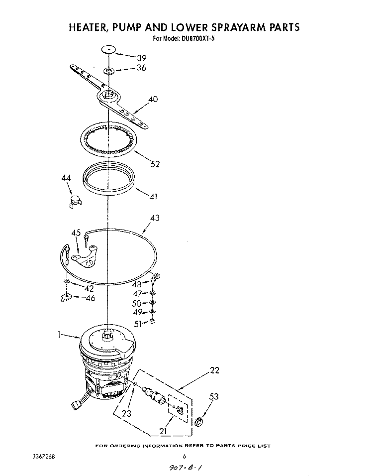 HEATER, PUMP AND LOWER SPRAY ARM Diagram and Parts List for DU8700XT5  Whirlpool Dishwasher