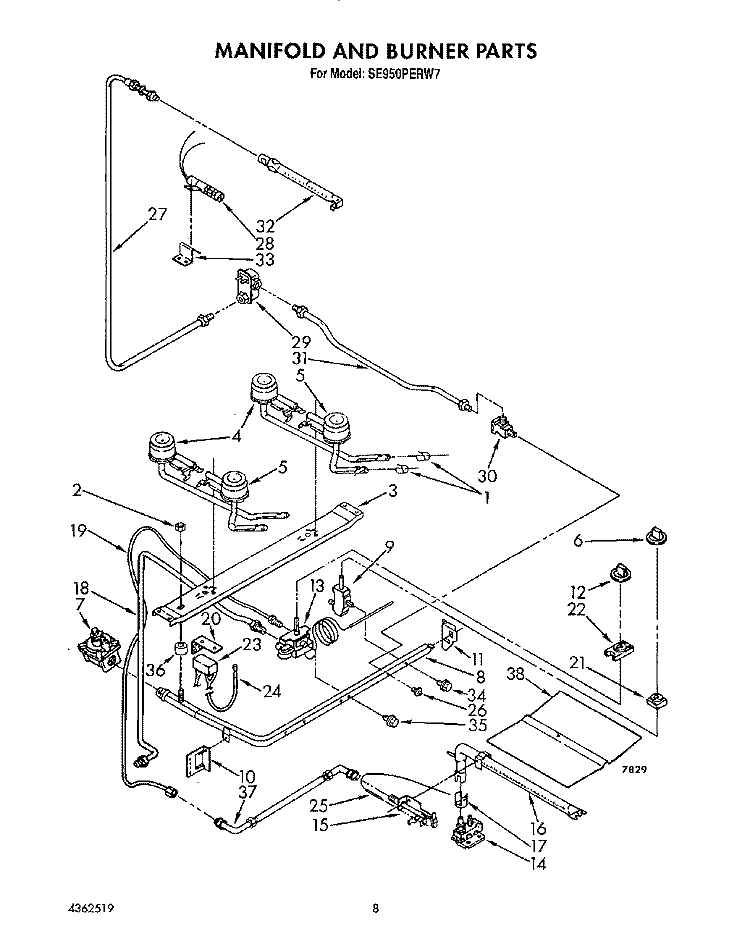 MANIFOLD AND BURNER Diagram and Parts List for SE950PERW7  Whirlpool Range
