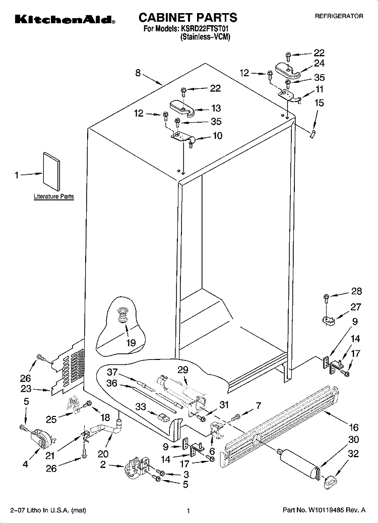 CABINET PARTS Diagram and Parts List for KSRD22FTST01  KitchenAid Refrigerator