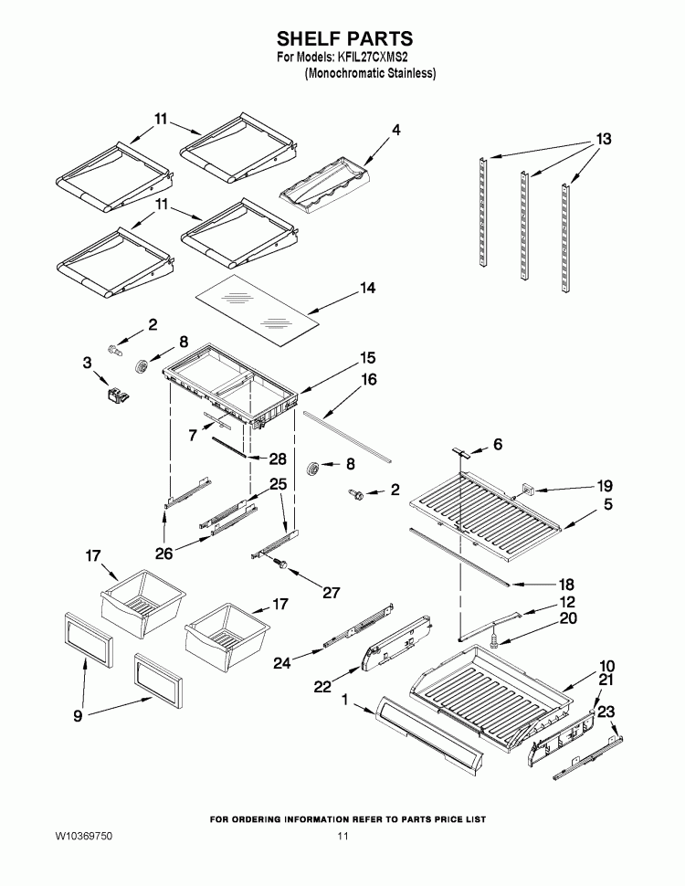 SHELF PARTS Diagram and Parts List for KFIL27CXMS2  KitchenAid Refrigerator