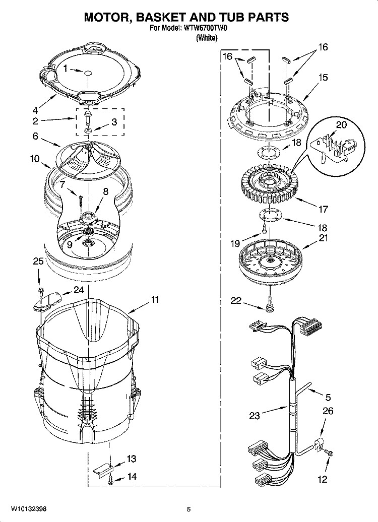 MOTOR, BASKET AND TUB PARTS Diagram and Parts List for WTW6700TW0  Whirlpool Washer