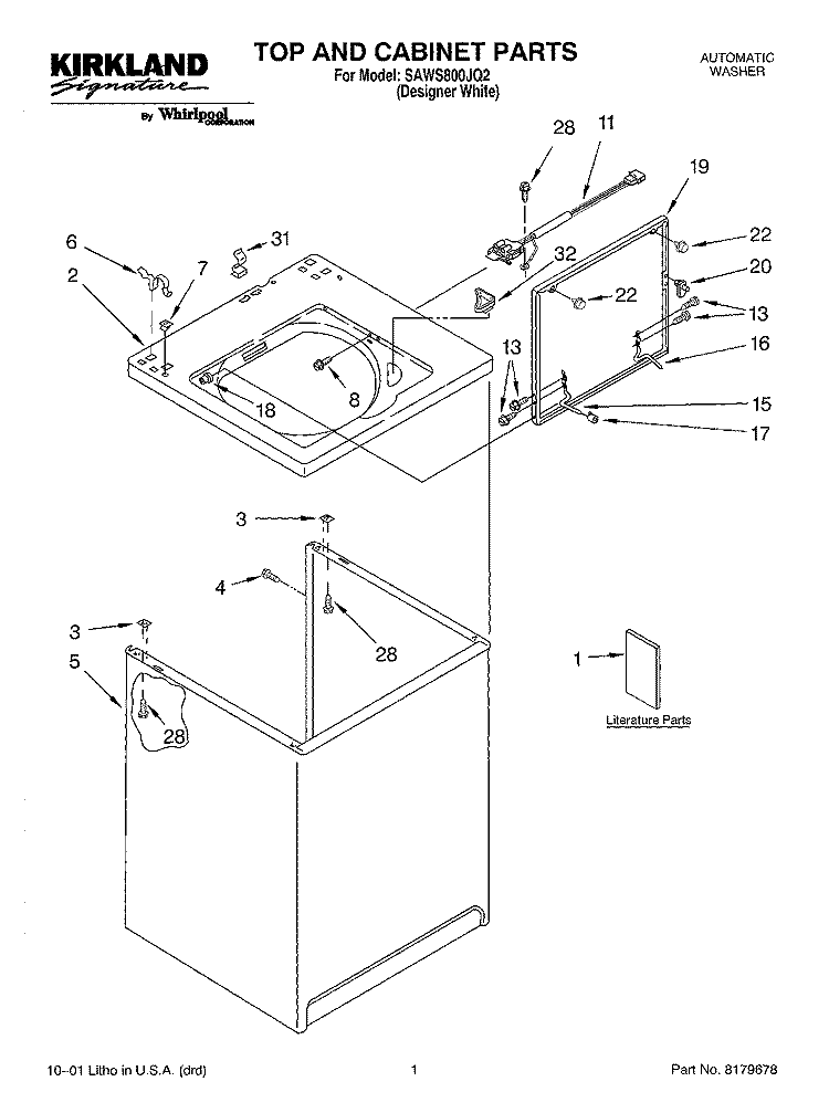 TOP AND CABINET, LITERATURE Diagram and Parts List for SAWS800JQ2  Whirlpool Washer